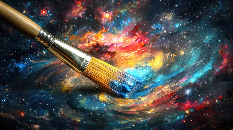 Это изображение показывает кисть художника, рисующую красочную, закрученную галактику на глубоком черном фоне, что символизирует художественное творчество и воображение