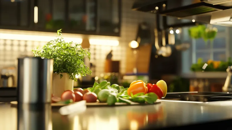 Хорошо продуманная кухонная сцена со свежими овощами, травами и теплой атмосферой, идеально подходящая для продвижения здорового приготовления пищи и ярких идей для блюд