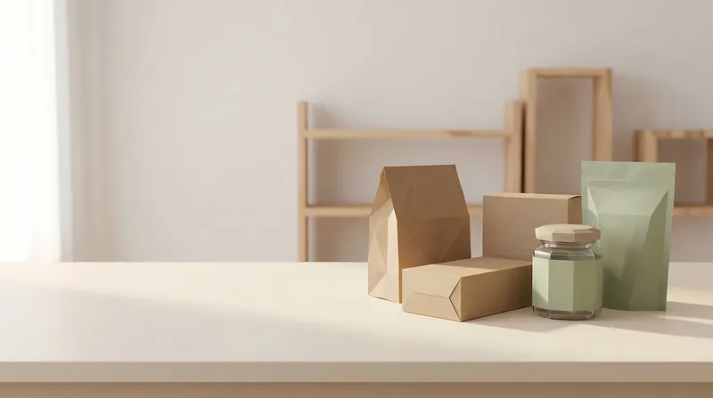3D-сцена упаковки в стиле low poly: продукты кладовой и свободное пространство — для брендинга продуктовых магазинов, супермаркетов и презентации товаров