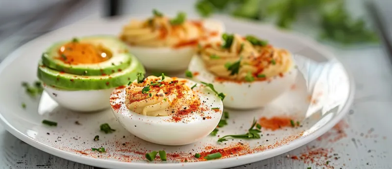 Вкусные фаршированные яйца, посыпанные паприкой и зеленью, в сопровождении нарезанного авокадо на деревенском деревянном фоне