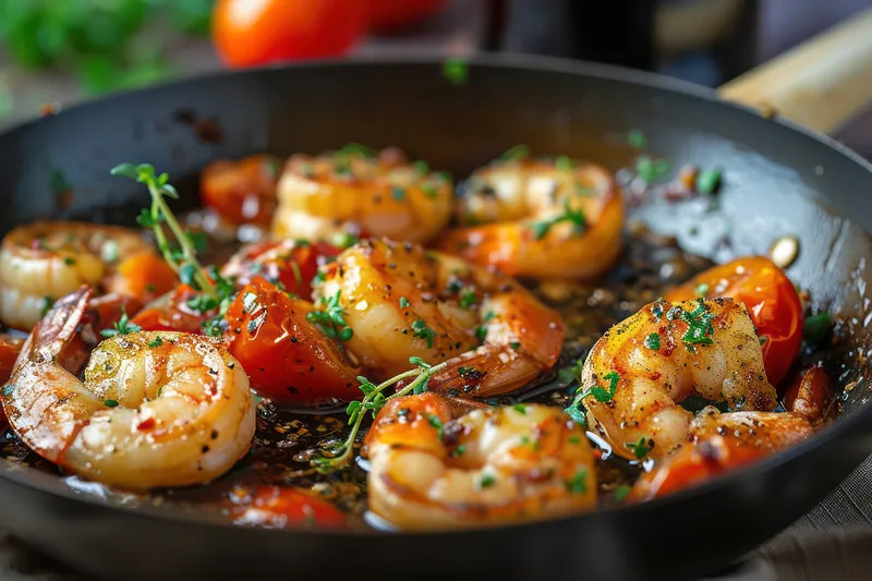 Крупный план вкусного блюда из морепродуктов, приготовленного с жареным чесноком: закуска из жареных на сковороде креветок для гурманов на деревенской белой тарелке с ломтиком лимона, петрушкой и…