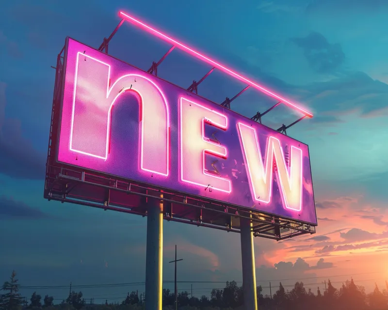 Яркий неоновый рекламный щит, на котором крупными буквами написано слово new, на фоне драматического заката