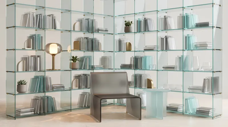 Элегантный 3D-интерьер из стекла с модульным прозрачным книжным шкафом, матовым креслом для отдыха, приставным столиком, лампой, растениями и организованным декором для маркетинга премиальной мебели