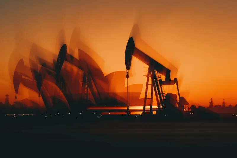 Нефтяные насосы, работающие на закате, изображающие энергетическую промышленность с яркими цветами и движением