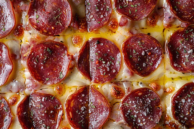 Вкусная пицца пепперони с хрустящими краями, щедро покрытая ломтиками пепперони и посыпанная травами