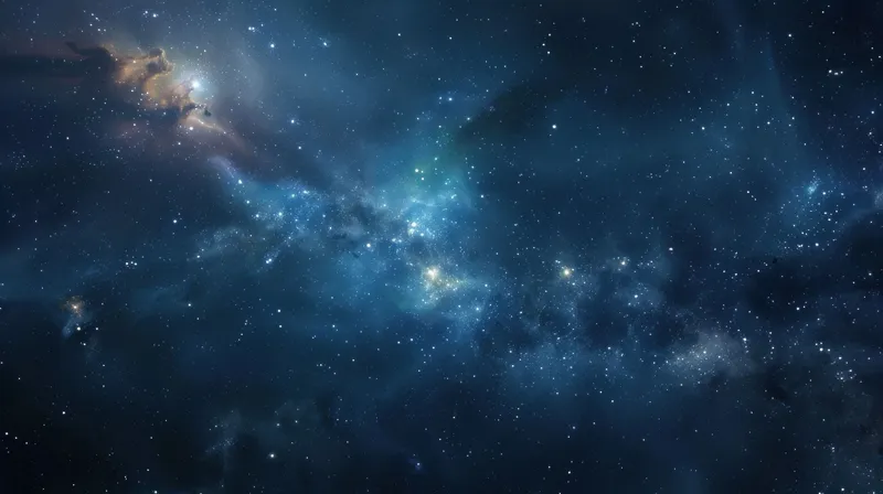 Завораживающая космическая сцена с темно-синим звездным фоном, наполненным яркими туманностями и мерцающими звездами, вызывающая чувство удивления и стремления к исследованию космоса