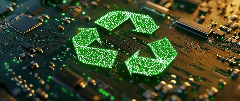 Бросающийся в глаза зеленый символ переработки, составленный из светящихся точек на печатной плате, воплощающий темы экологичности, технологий и устойчивого развития в ярком и современном стиле