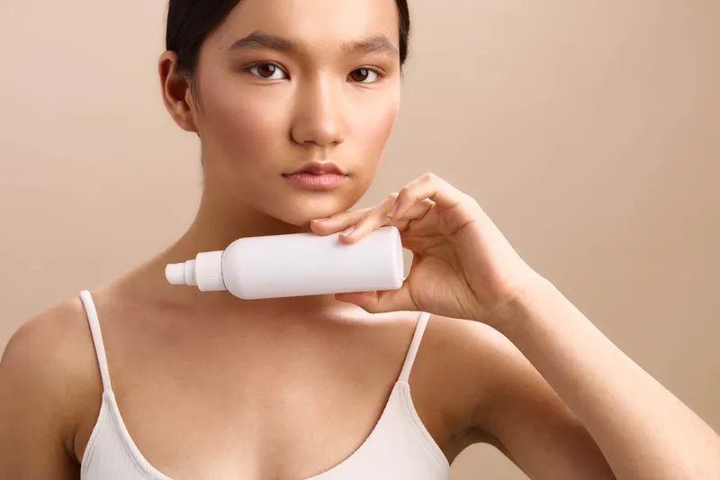 asian woman holds a skincare bottle with a calm expression in a clean studio, showcasing a simple beauty routine. soft lighting and even tones emphasize healthy skin and confident presence.