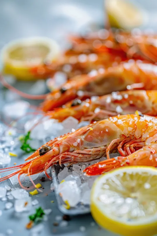 Вкусные креветки-гриль на льду с ломтиками лимона для изысканного обеда из морепродуктов