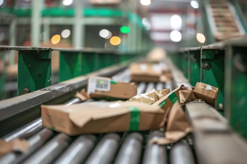 Конвейерная лента, заполненная упаковками, в промышленном складском помещении с оборудованием и производственной линией для распределения и отгрузки