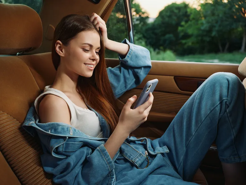 Young woman sitting in a car, smiling while using her smartphone, wearing a denim outfit with a casual vibe and a relaxed expression in a natural setting.