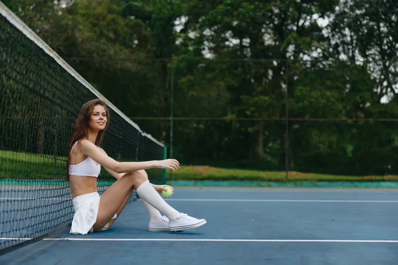 Young athletic woman in sportswear sitting on a tennis court, smiling and holding a tennis ball, showcasing a vibrant outdoor setting