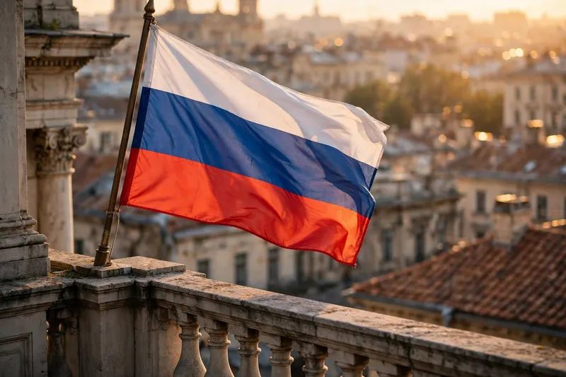 Российский флаг развевается на балконе над вечерним городом