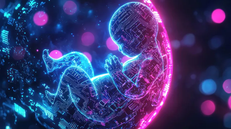 Цифровое изображение младенца, окруженного светящейся сферой, символизирующее слияние технологий и человечности