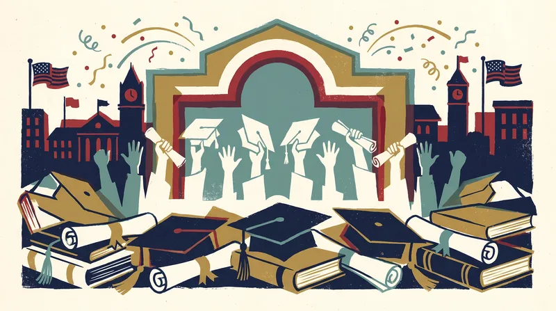 Яркая многослойная сцена выпускного с академическими символами, дипломами, шапочками и праздничной энергией