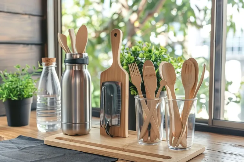 Деревянные кухонные принадлежности, аккуратно разложенные на деревянном подносе, рядом стоят стакан и бутылка воды