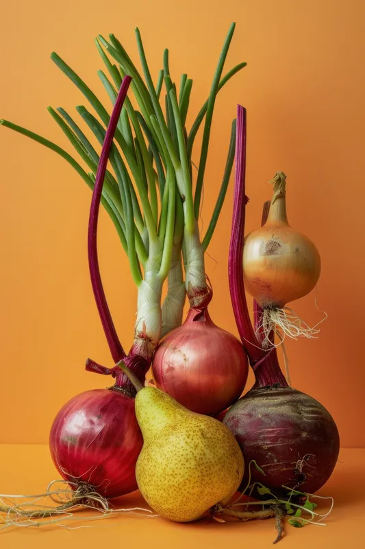Ассортимент свежих продуктов: красный, желтый и зеленый лук, а также сочная груша на ярко-оранжевом фоне