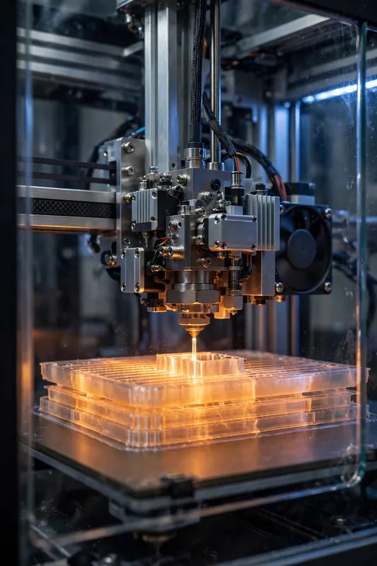 3D-принтер печатает прозрачную деталь с тёплым свечением