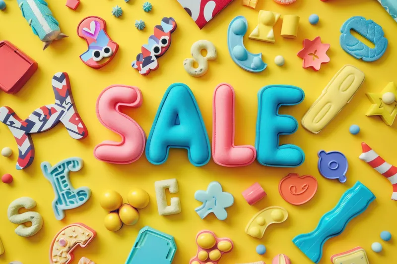 Распродажа разноцветных игрушек для детей на жёлтом фоне