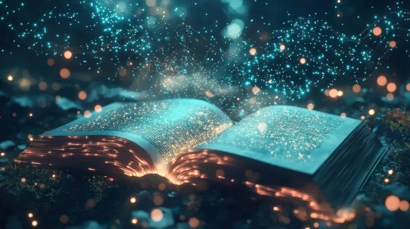 Мистическая открытая книга, излучающая мерцающие искры на мягком голубом фоне, передающая темы творчества, вдохновения и волшебства повествования