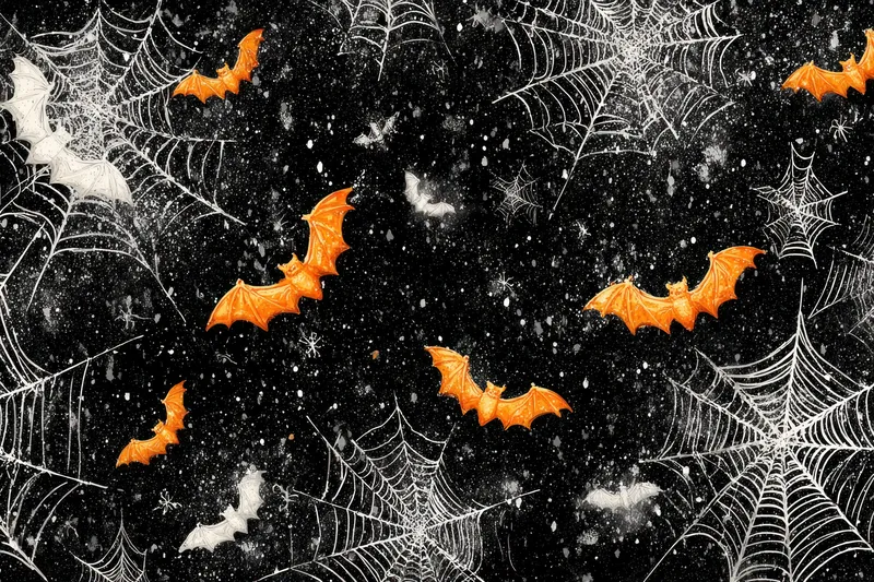 Композиция сочетает причудливость и напряжение, делая акцент на контрасте, текстуре и движении, когда крылья трепещут среди филигранных паутин, вызывая жуткое очарование и праздничную атмосферу