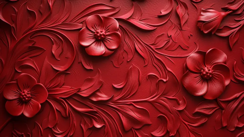 Красный цветочный узор на текстурированном красном фоне, яркая 3D-визуализация с замысловатыми деталями и ощущением глубины