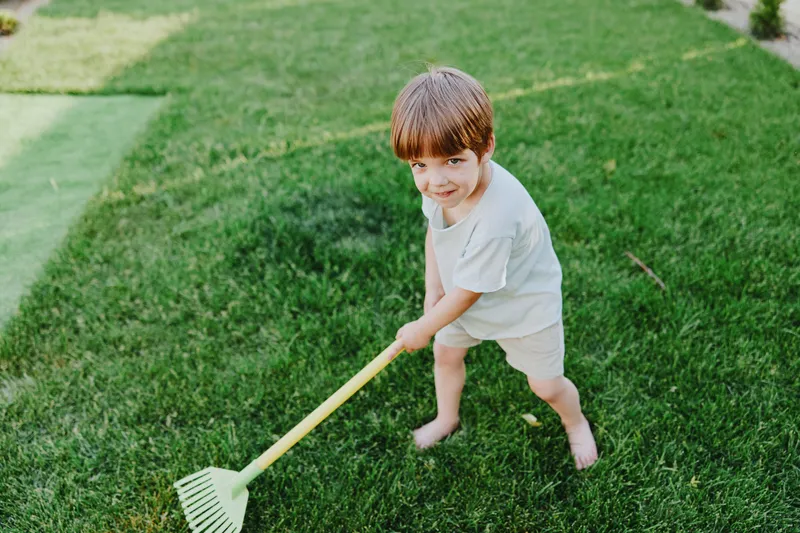 Happy boy working in the garden with a rake, enjoying outdoor activities, vibrant green grass, bright sunshine, playful mood, childhood joy.