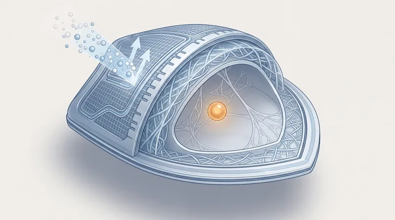 Клиническая техническая иллюстрация щитообразного механизма здоровья в разрезе с многослойными границами, защищенным ядром и сдержанными сине-серыми медицинскими тонами