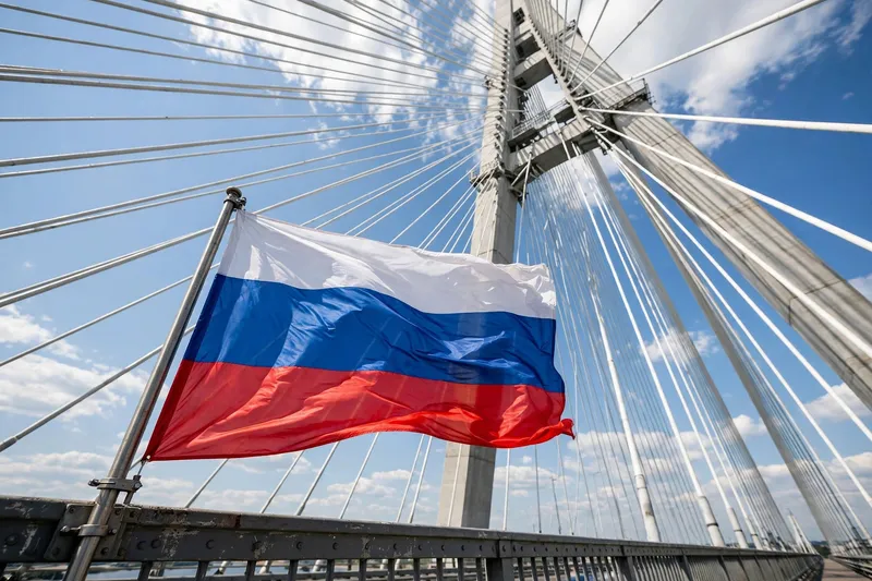 Российский флаг развевается на фоне вантового моста в ясный день