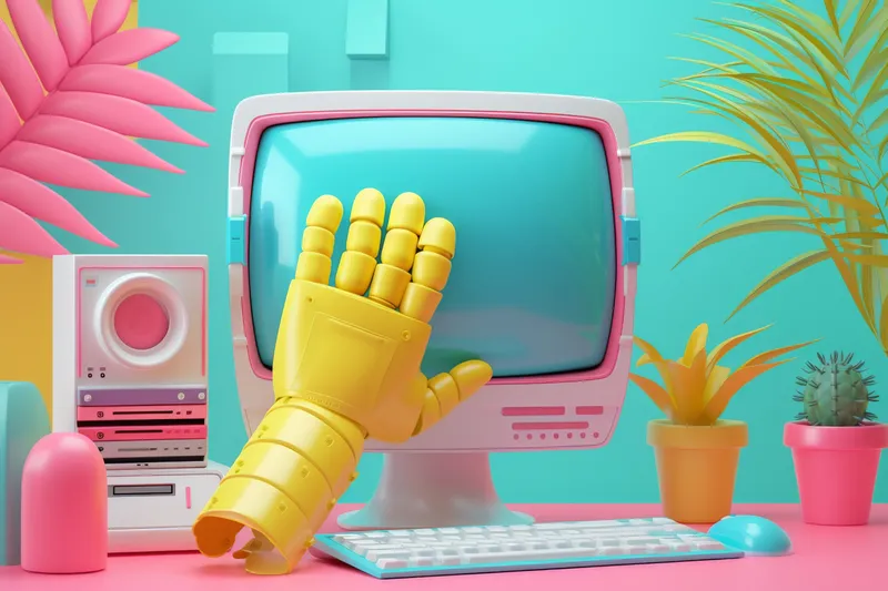 Компьютерный экран с желтой перчаткой и кактусом на столе в интерьере офиса