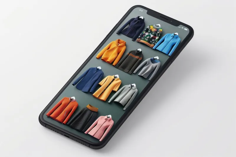 На экране iPhone представлен выбор стильных курток, свитеров и шарфов