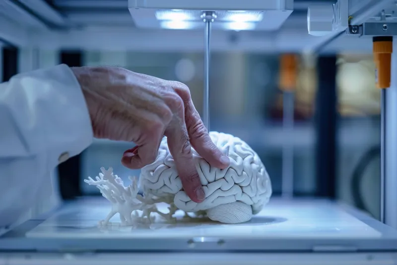 Детальное изучение 3D-печатной модели человеческого мозга, которую держит рука в машине