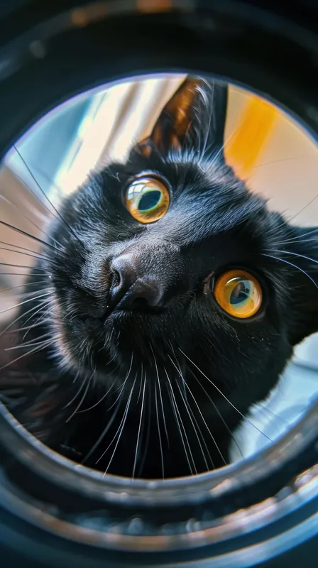 Крупный план черной кошки, которая с любопытством заглядывает в окно стирально-сушильной машины в прачечной