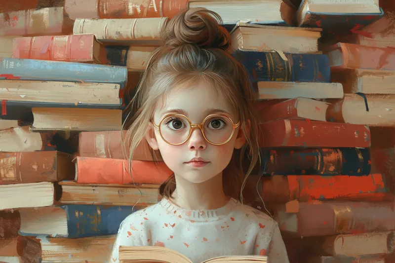 Маленькая девочка в очках, увлеченно читающая книгу в окружении стопки книг