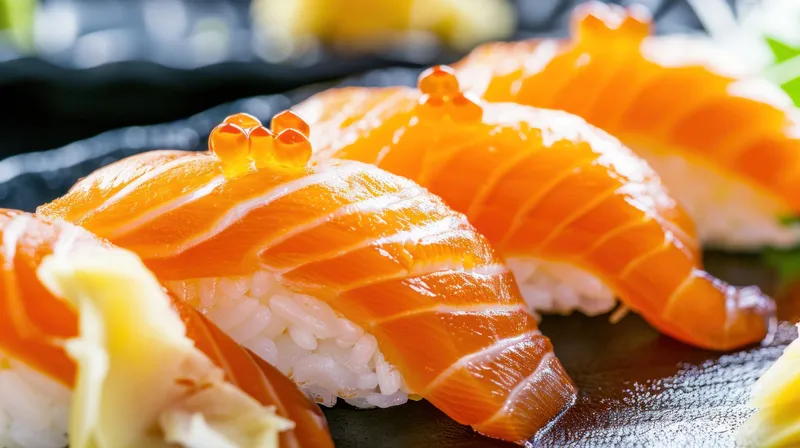 Вкусные суши со свежими ломтиками лосося на белом рисе, элегантно выложенные на черном блюде