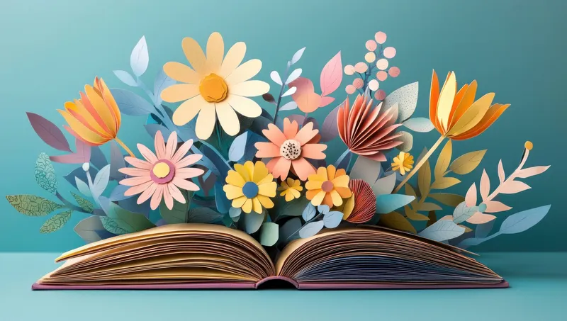 Яркие бумажные цветы распускаются из открытой книги, иллюстрируя слияние природы и воображения