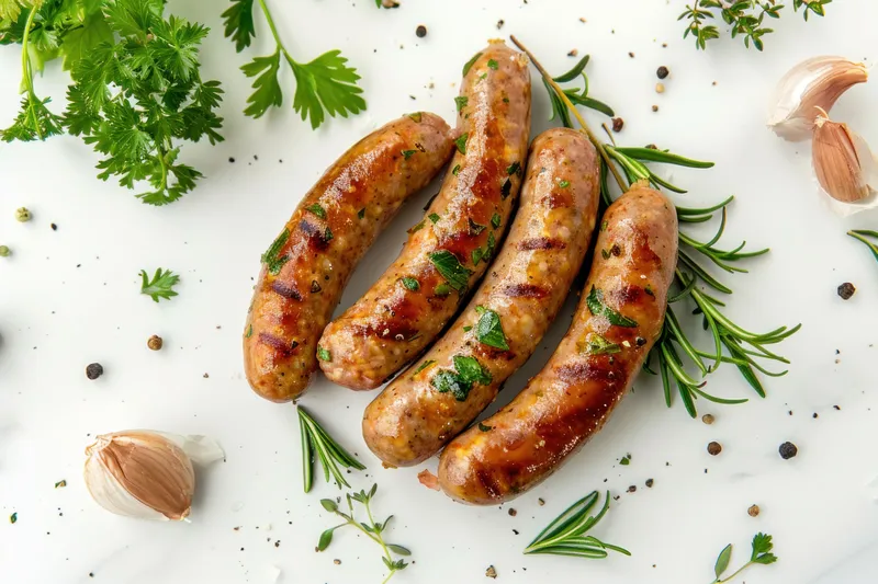 Сочные жареные сосиски со свежей зеленью, чесноком и специями, разложенные на чистой белой поверхности