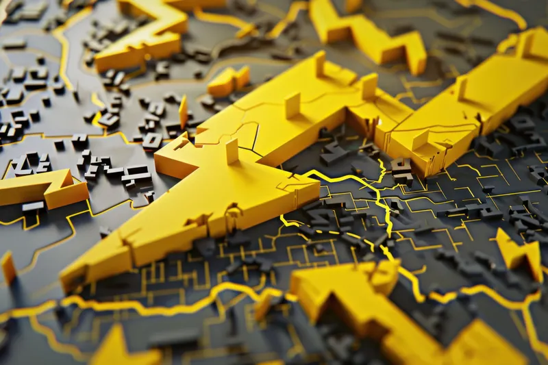 3D-иллюстрация жёлтой стрелки, указывающей на карту Европы, демонстрирующая концепцию направления и навигации