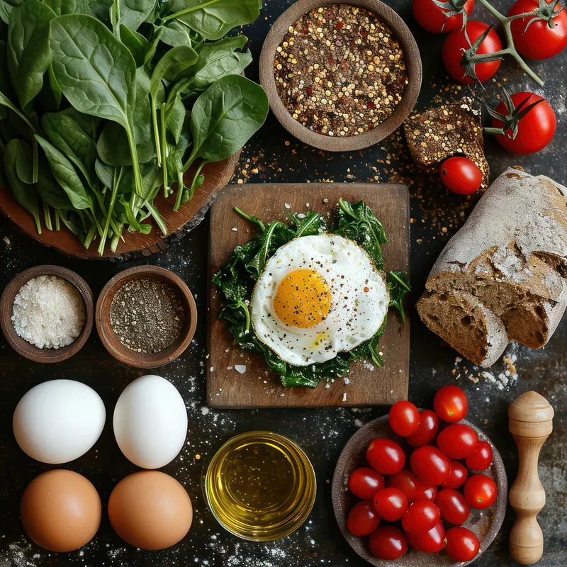 Здоровый завтрак: свежий, вкусный омлет со шпинатом, яичница, мясные деликатесы и органические овощи на деревянной тарелке