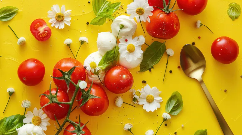 Свежие ингредиенты для вкусного салата на жёлтом фоне с местом для текста: помидоры, сыр и зелень