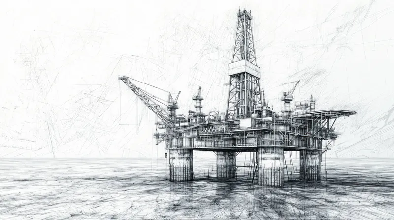 Монохромная иллюстрация, изображающая нефтяную вышку, подчеркивающая промышленную архитектуру, морскую инженерию и экологические темы, идеально подходит для проектов, посвященных энергетике