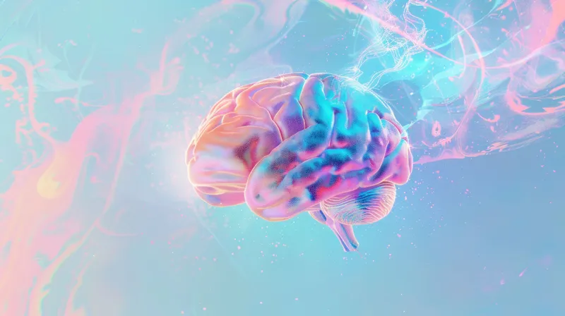 Красочная иллюстрация мозга, помещенная в мечтательный пастельный фон, смешивающая оттенки розового, синего и фиолетового, символизирующая креативность и мысль