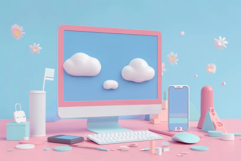 3D-рендеринг монитора компьютера, отображающего облака и цветы на розовом фоне