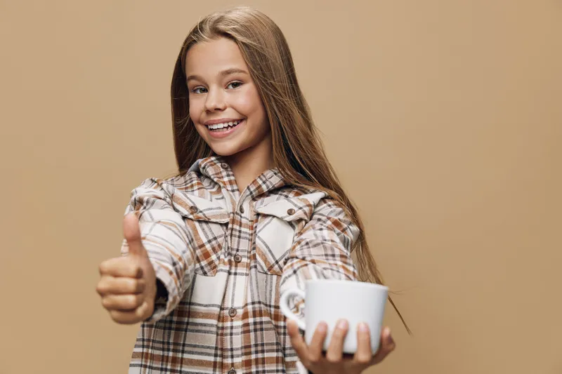 Smiling girl wearing plaid shirt holding white cup and showing thumbs up gesture for happiness, positivity and drink concept on beige background with long hair and casual style.
