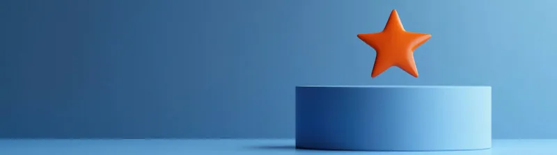 Яркая оранжевая звезда заметно расположена на мягком голубом пьедестале, символизируя успех и достижение в чистом современном дизайне, идеально подходящем для мотивационных тем