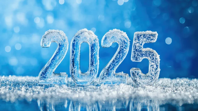 Ледяные цифры 2025 в окружении снежного эффекта и мягкого синего фона с боке, идеально подходят для празднования Нового года и зимних мероприятий