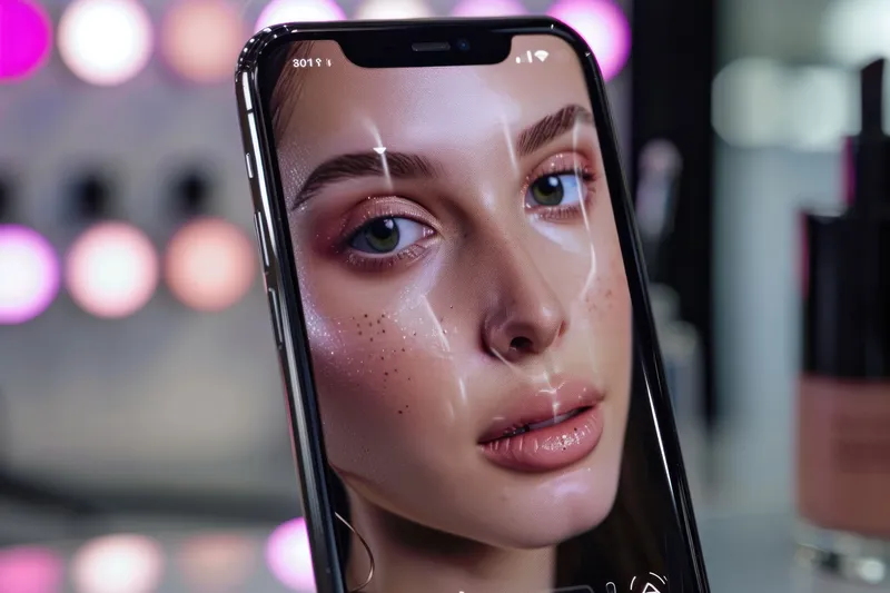 Крупный план лица женщины на экране iPhone в окружении различных косметических средств на столе