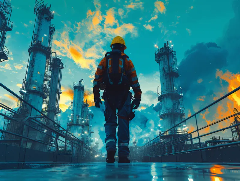 Промышленное загрязнение на нефтеперерабатывающем заводе: мужчина стоит перед дымящими трубами