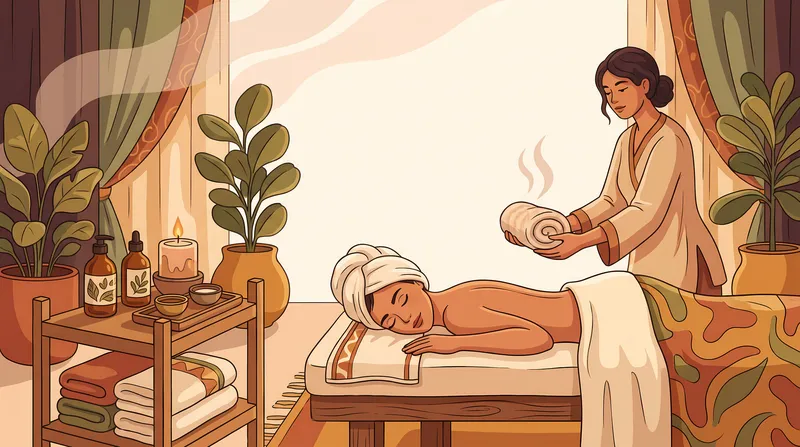 Ретро-иллюстрация в стиле велнес, изображающая сцену спа-массажа со свечами и полотенцами, с открытым пространством для рекламы роскошной красоты