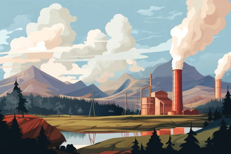 Промышленная труба выбрасывает дым, символизируя технологическое производство и загрязнение окружающей среды